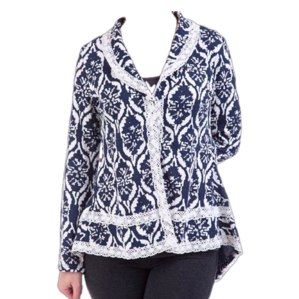Boutique Cardigan w/ Ruffled NWT. , Trimmed with white lace, black, white colors